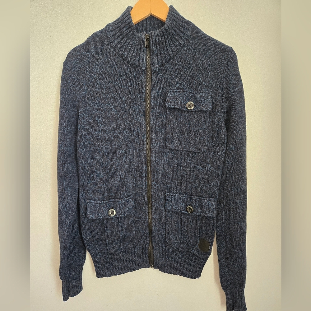 PROJEK RAW Teal And Black Zip-Up Cotton Blend Knit Sweater